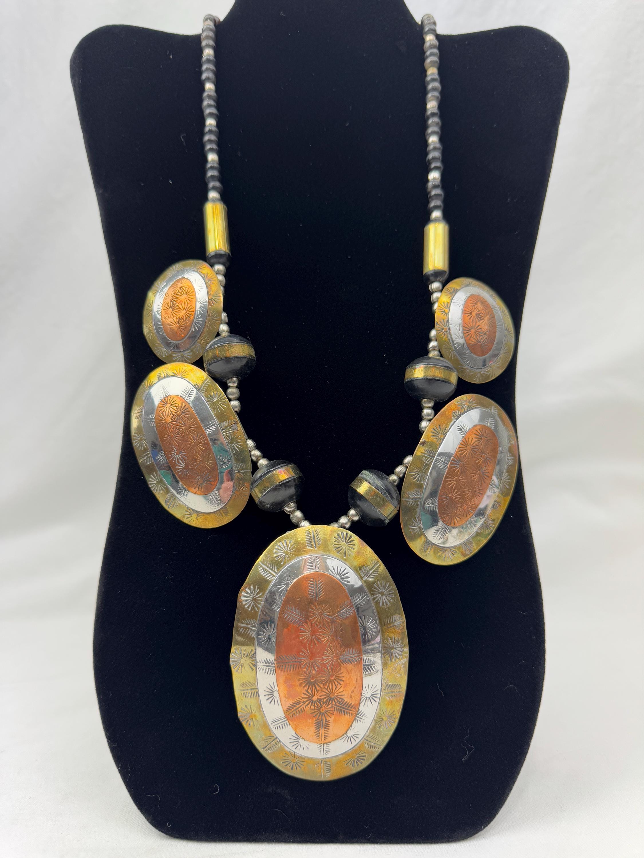 Industrial Mixed Metal Disc Statement Necklace Adjustable Two-tone Metal Disc Statement Necklace: Chunky Beaded Design  main image 4