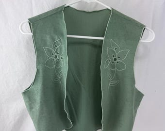 Sage Green Faux Suede Embroidered Cropped Vest for Women