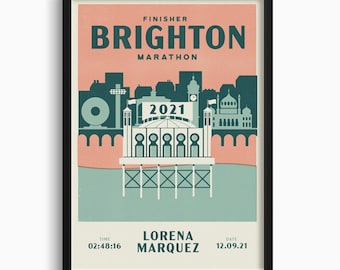 Brighton Marathon Personalised Print coral (frame not included) – customise for any year – gift for runner – marathon gift