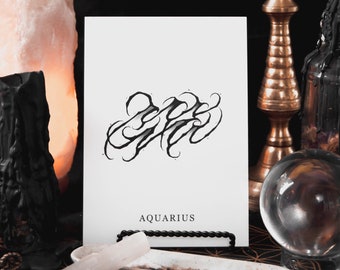 Aquarius Zodiac Art Print, Gothic Home Decor, Zodiac Birthday, Aquarius Zodiac Gift, Horoscope Altar Decoration,Witchy Wall Art