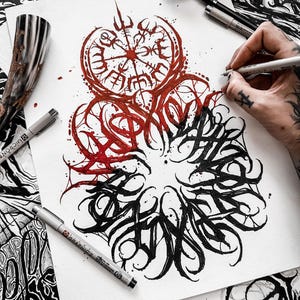 May include: A black and white ink drawing of a compass with a red and black design. The compass is surrounded by a circle of black ink with a stylized design. The drawing is on a white piece of paper.