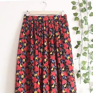 Red Floral Cotton Midi Skirt, Floral Print Skirt, Flared Midi skirt, 1950 Skirt, Full Skirt