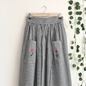 Tulip Embroidered Cotton Gingham Midi Skirt, Gingham Midi Skirt, Flared Midi skirt, 1950 Skirt, Full Skirt