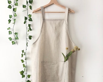 Personalised Natural 100% Linen Pinafore Apron, Japanese Apron, Natural Linen Full Apron, Washed Linen Apron For Cooking and Gardening