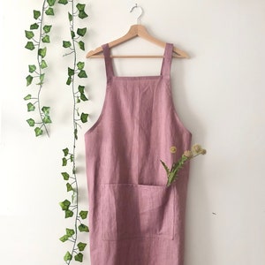 Personalised Lavender 100% Linen Pinafore Apron, Japanese Apron, Natural Linen Full Apron, Washed Linen Apron For Cooking and Gardening