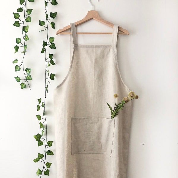 Personalised Natural 100% Linen Pinafore Apron, Japanese Apron, Natural Linen Full Apron, Washed Linen Apron For Cooking and Gardening