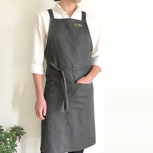 Personalised Charcoal Grey 100% Linen Pinafore Apron, Japanese Apron, Natural Linen Full Apron,Washed Linen Apron For Cooking and Gardening