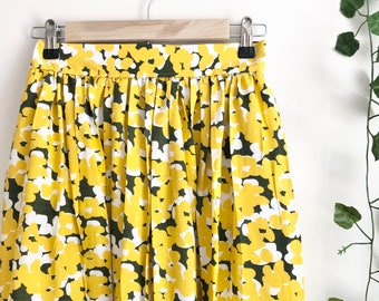 Yellow Floral Printed Viscose Midi Skirt, Flared Midi skirt, 1950 Skirt, Full Skirt