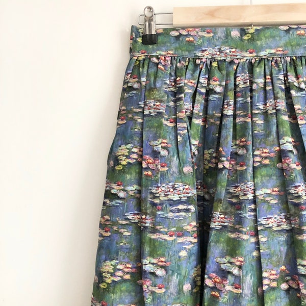 Water Lilies Printed Cotton Midi Skirt, Art Print Skirt, Wearable Art Midi skirt, 1950 Skirt, Full Skirt, Monet Print Skirt