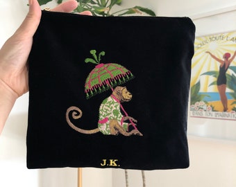 Black Velvet Personalised Embroidery Velvet Pouch Bag