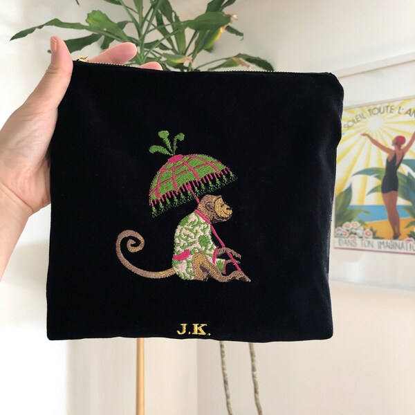 Black Velvet Personalised Embroidery Velvet Pouch Bag