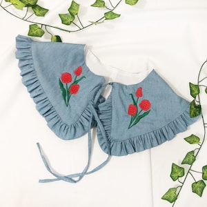 Tulip Embroidered Denim Cotton Removable Collar, Frill collar, Detachable Frill collar, Layering Collar, Chambray Collar, Oversized Collar