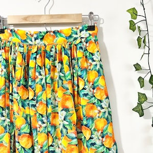 Orange Print Viscose Midi Skirt: Handmade 50s Style Full Skirt with Pockets