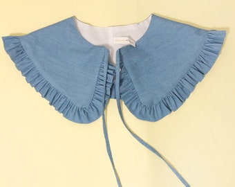 Denim Cotton Removable Collar, Frill collar, Detachable Frill collar, Layering Collar, Light Blue Denim Chambray Collar, Oversized Collar