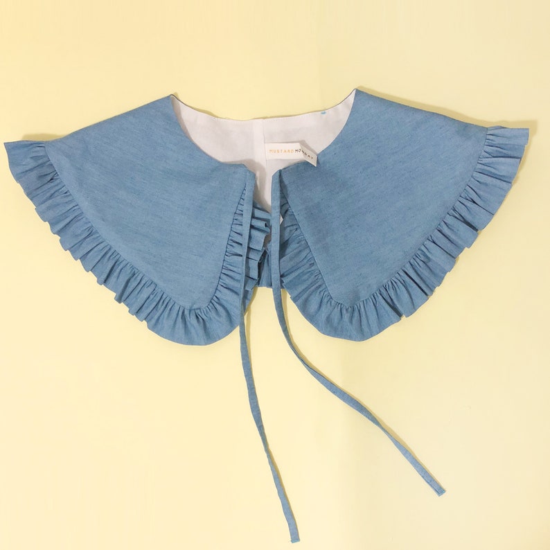 Denim Cotton Removable Collar, Frill collar, Detachable Frill collar, Layering Collar, Light Blue Denim Chambray Collar, Oversized Collar image 1