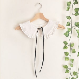 White Cotton Removable Collar with Black Ties, Frill collar, Detachable Frill collar, Layering Collar, Peter pan Collar- White