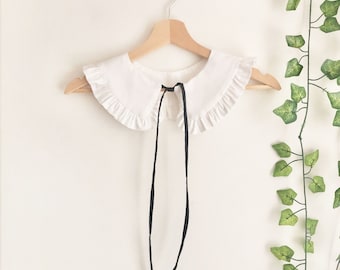 White Cotton Removable Collar with Black Ties, Frill collar, Detachable Frill collar, Layering Collar, Peter pan Collar- White