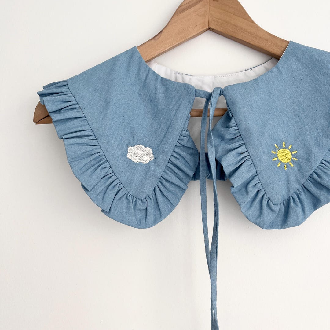 Embroidered Chambray Frill Collar: Detachable Cotton Layering