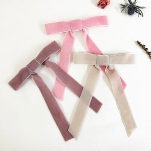 Pink velvet Bow Clip, Velvet hair Clip, White Ribbon Bow Barrette, Ponytail hair bow, Velvet bow with clips, Womens Velvet Ribbon Hair Bow