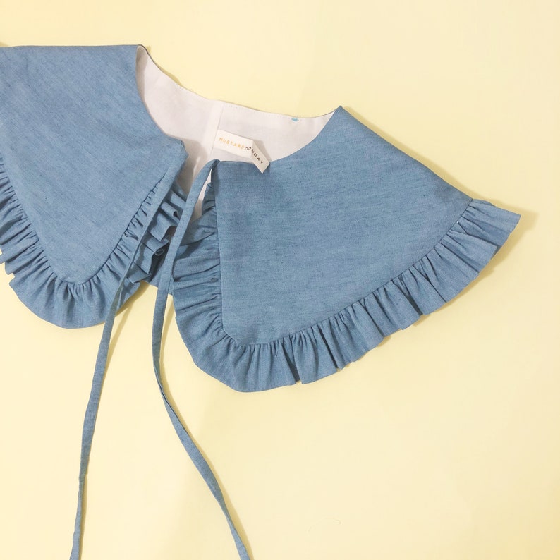 Denim Cotton Removable Collar, Frill collar, Detachable Frill collar, Layering Collar, Light Blue Denim Chambray Collar, Oversized Collar image 2