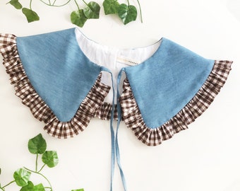 Odpinany kołnierz z falbanką w kratkę gingham z dżinsu: kołnierz warstwowy w stylu retro