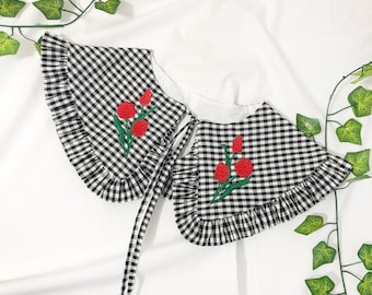 Tulip Embroidered Gingham Removable Collar, Frill collar, Detachable Frill collar, Layering Collar, Cotton Collar, Oversized Collar