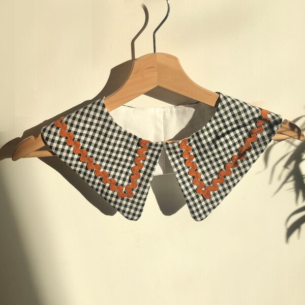 Gingham Cotton Removable Collar, Peter pan collar, Detachable collar, Layering Collar, Oversized Collar- Rust Ric Rac