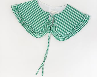 Gingham verde Collare rimovibile, Colletto con volant, Collo staccabile con volant, Collo a strati, Collo in cotone, Collare oversize