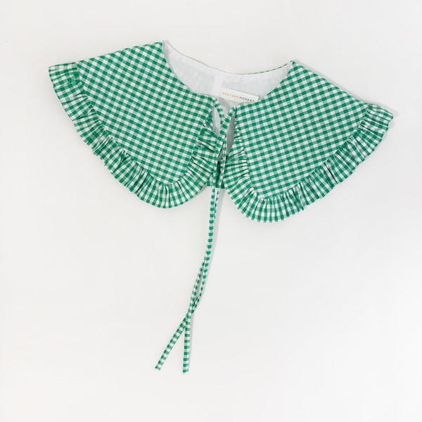 Green Gingham Removable Collar, Frill collar, Detachable Frill collar, Layering Collar, Cotton Collar, Oversized Collar