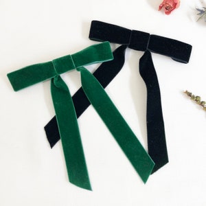 Black velvet Bow Clip, Velvet hair Clip, Green Ribbon Bow Barrette, Ponytail hair bow, Velvet bow with clips, Womens Velvet Ribbon Hair Bow