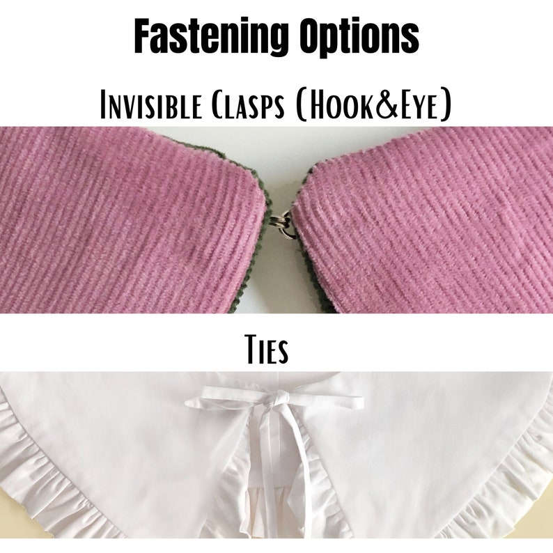 May include: Two close-up images showing different fastening options for a collar. The first image shows a pink fabric collar with a hook and eye closure. The second image shows a white collar with ties.
