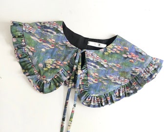 Water Lilies Print Cotton Removable Collar, Monet painting print Frill collar, Detachable Frill collar, Layering Collar, Oversized Collar