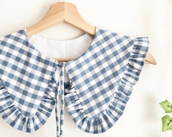 Blue Gingham Removable Collar, Frill collar, Detachable Frill collar, Layering Collar, Cotton Collar, Oversized Collar