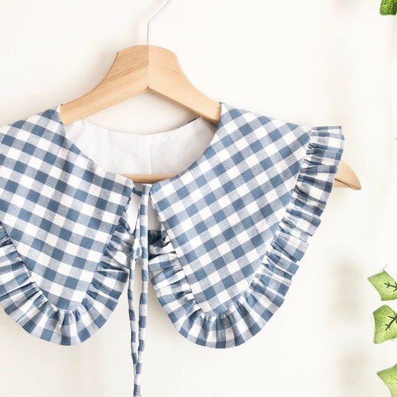 Blue Gingham Frill Removable Collar: Cotton Layering Collar