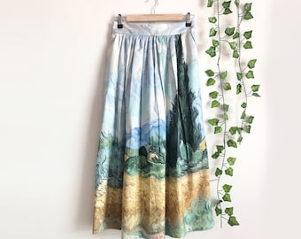 Van Gogh Printed Cotton Midi Skirt, Art Print Skirt, Wearable Art skirt, 1950 Skirt, Full Skirt, Wheat Field with Cypresses Printed Skirt