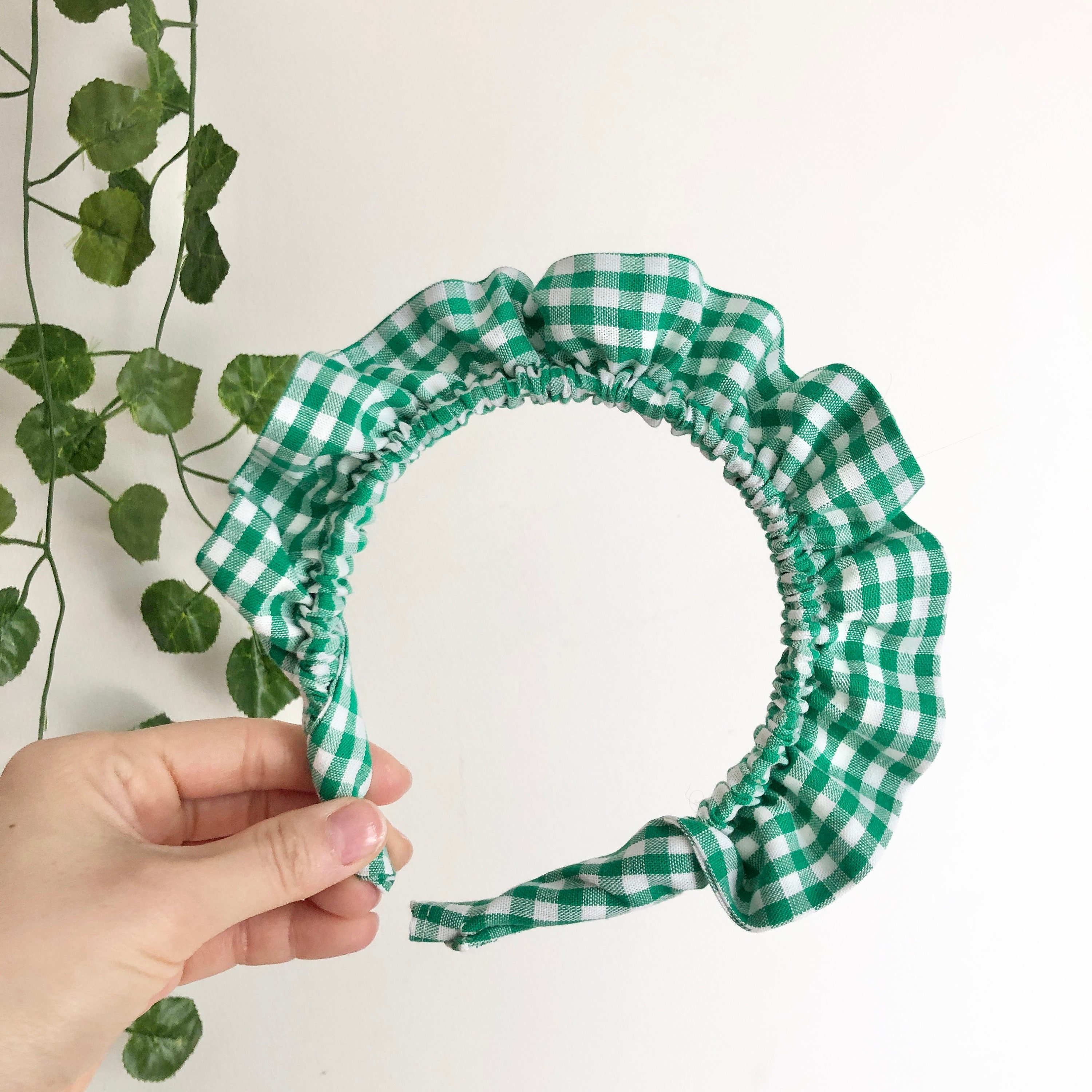 Green Gingham Silk Rouched Headband Handmade Alice Band