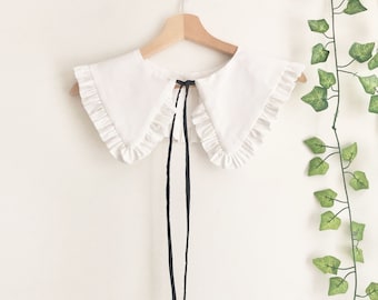 Oversized Frill Collar: White Cotton Detachable Collar with Black Ties