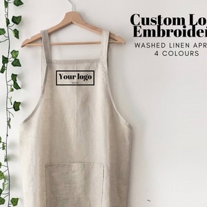Custom Logo Natural 100% Linen Pinafore Apron, Japanese Apron, Natural Linen Full Apron, Washed Linen Apron For Cooking and Gardening