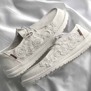 Luxury Embroidered HeyDudes Bridal Sneakers | Gift for Bride | Custom Wedding Shoes | Embroidered Rose Bridal Shoes | Wedding HeyDudes