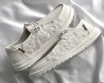 Luxury Embroidered HeyDudes Bridal Sneakers | Gift for Bride | Custom Wedding Shoes | Embroidered Rose Bridal Shoes | Wedding HeyDudes