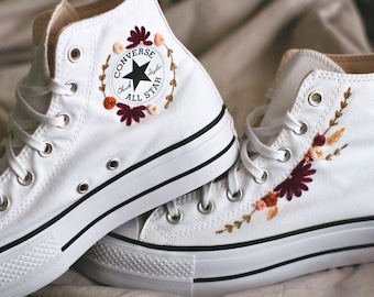 Fall Embroidered Platform Converse Shoes | Hand Embroidered Shoes | Autumn Colored Chucks | Custom Bridal Shoes | Comfy Wedding Shoes