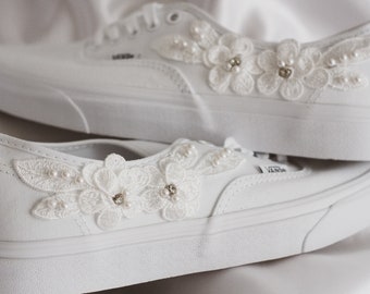 Embroidered Pearl Bridal Vans Sneakers | Custom Wedding Tennis Shoes | Luxury Wedding Sneakers | Personalized Wedding Shoes | Gift for Bride