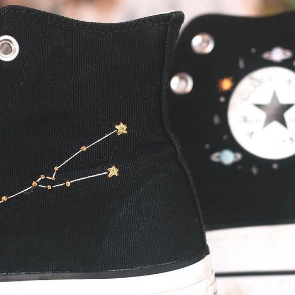 Zodiac Space Galaxy Embroidered Converse High Top Shoes | Custom Embroidered Shoes | Chuck Taylor Hand Embroidered | Gifts