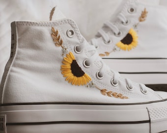 Sunflower Hand Embroidered Platform High Top Converse | Sunflower Bridal Sneakers | Sunflower and Barley Embroidered Shoes | Floral Bridal