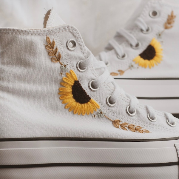 Sunflower Hand Embroidered Platform High Top Converse | Sunflower Bridal Sneakers | Sunflower and Barley Embroidered Shoes | Floral Bridal