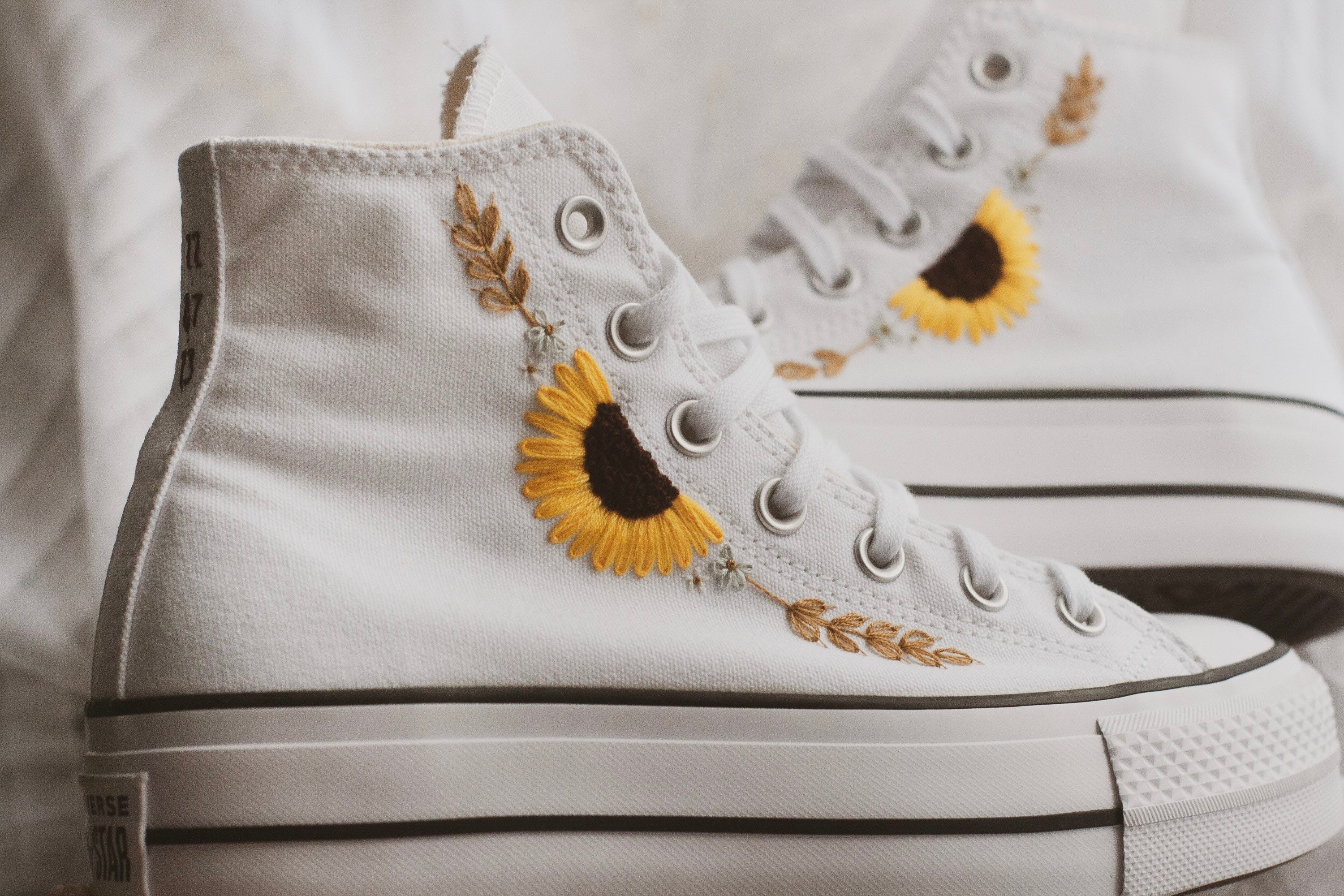 Sunflower Hand Embroidered Platform High Top Converse -