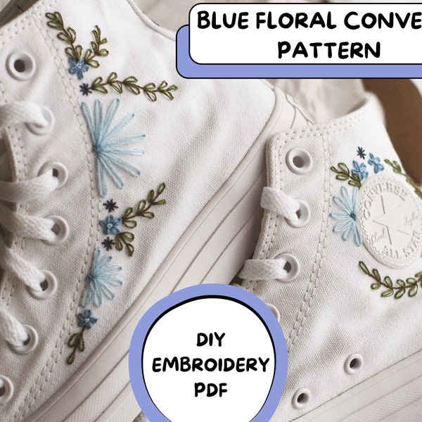 Motif Converse brodé floral bleu PDF | DIY Télécharger le motif de broderie de chaussures | Broderie PDF | Instructions de broderie de chaussures |