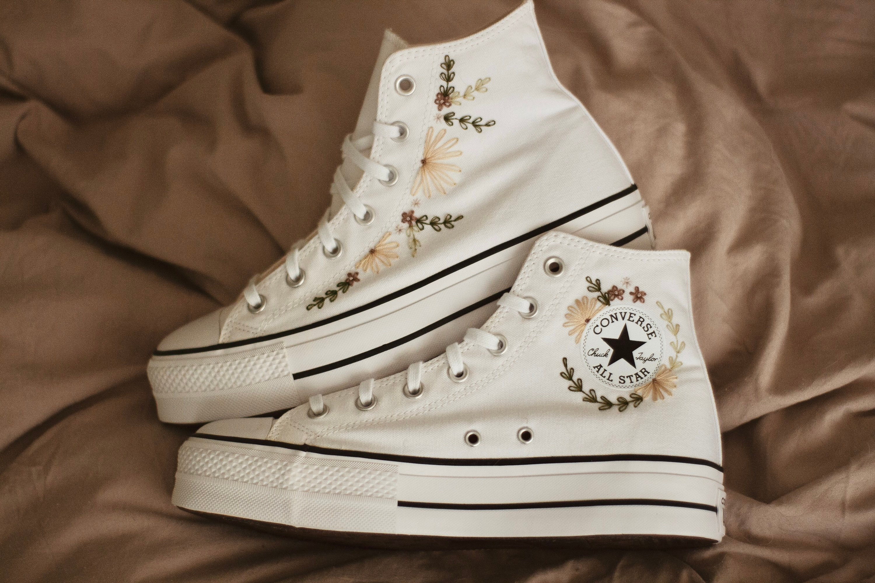 Neutral Boho Embroidered High Top Platform Converse Bridal