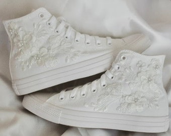 White Luxury Embroidered Bridal Converse | Custom Prom Sneakers | Bridal Sneakers | Wedding Converse | Quinceañera Shoes | Gift for Bride