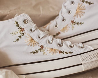 Neutral Boho Embroidered High Top Platform Converse | Bridal Converse | Custom Embroidered Bridal Sneakers | Hand Embroidered Shoes | Bride
